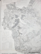 Load image into Gallery viewer, Antique nautical chart of Boston Harbor, Massachusetts, featuring detailed harbor maps, depth soundings, and historical text blocks. The map is printed in black ink on aged off-white paper and is photographed flat against a neutral background.