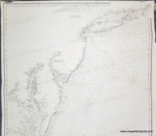 Load image into Gallery viewer, antique sailing chart of the coast of the US from North Carolina up to Block Island Rhode Island. With water depths, rivers, bays, harbors. Red and yellow dots indicate lighthouses. Clean black and white look. authentic antique