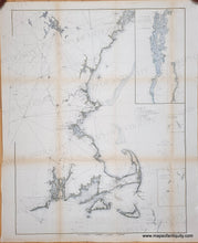 Load image into Gallery viewer, Antique nautical map of the New England COast, Cape Cod, Narragansett, Boston, Cape Ann, and part of Maine, with detailed coastline and triangulation lines. handsomely colored with green along the coast and blue outline for water