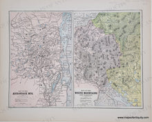 Load image into Gallery viewer, Page with two maps in original printed-colors of pink, yellow, purple/grey, and blue for lakes.
