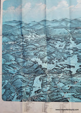 Load image into Gallery viewer, Antique Bird's-eye view map of lake Winnipesaukee in New Hampshire with the White Mountains in the distance. Chromolithograph with blue coloring.