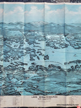 Load image into Gallery viewer, Antique Bird's-eye view map of lake Winnipesaukee in New Hampshire with the White Mountains in the distance. Chromolithograph with blue coloring.