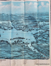 Load image into Gallery viewer, Antique Bird's-eye view map of lake Winnipesaukee in New Hampshire with the White Mountains in the distance. Chromolithograph with blue coloring.