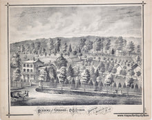 Load image into Gallery viewer, Engraving of a large estate with gardens and trees, framed with decorative elements.