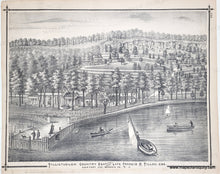 Load image into Gallery viewer, Vintage black and white illustration of a country scene with a lake, boats, and buildings.