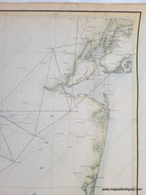 Load image into Gallery viewer, Antique coast survey of New Jersey from Cape May to Cape Henlopen and up the Delaware river with light green color along the coast and light blue in the water along the coast.