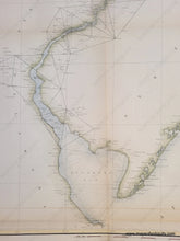 Load image into Gallery viewer, Antique coast survey of New Jersey from Cape May to Cape Henlopen and up the Delaware river with light green color along the coast and light blue in the water along the coast.