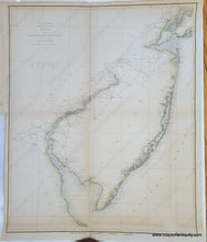 Load image into Gallery viewer, Antique coast survey of New Jersey from Cape May to Cape Henlopen and up the Delaware river with light green color along the coast and light blue in the water along the coast.