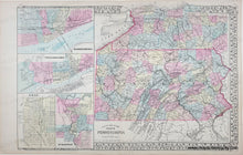 Load image into Gallery viewer, An antique hand-colored map of Pennsylvania, featuring pastel pink, blue, yellow, orange, and green counties with inset maps of the major cities on the left