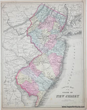 Load image into Gallery viewer, An antique map of New Jersey, showing county boundaries and place names with soft pastel pink, blue, and green counties on an aged beige paper .