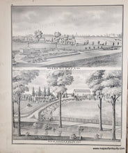 Load image into Gallery viewer, Antique black and white illustration of a rural landscape with buildings and trees.