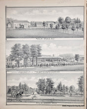 Load image into Gallery viewer, Antique black and white illustration of a rural landscape with buildings and trees.