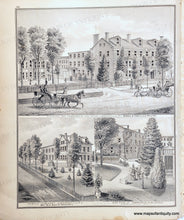 Load image into Gallery viewer, Vintage illustration of a large building with carriages and people around, set against a natural landscape.