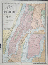 Load image into Gallery viewer, antique map of New York City, Brooklyn, Jersey City, and Westchester County. Antique map of New York City with vibrant color in tones of pink, green, orange, yellow, and blue. Manhattan