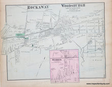 Load image into Gallery viewer, Antique map of Woodsburgh, Rockaway, and Merrick with labeled streets and boundaries. with original color in pink, yellow, green.