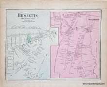Load image into Gallery viewer, Antique map of Hewletts and Baldwins, showing town layout and boundaries. with original color in pink, green.