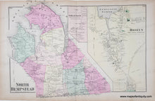 Load image into Gallery viewer, Antique map of North Hempstead and Great Neck, New York, with colored sections and labels. with original color in pink, yellow, green.