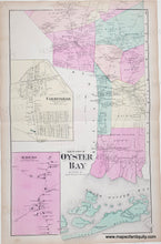 Load image into Gallery viewer, Antique map of Oyster Bay with original color in pink, yellow, green.