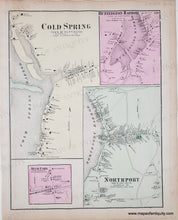 Load image into Gallery viewer, Antique map of Cold Spring, Huntington Harbor, and Northport with inset details with original color in pink, yellow, green.