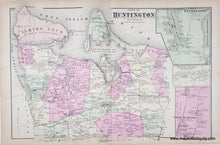 Load image into Gallery viewer, Antique map of Huntington, Long Island with color-coded regions. with original color in pink, yellow, green.
