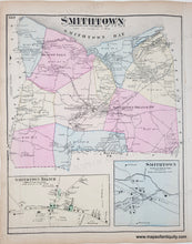Load image into Gallery viewer, Antique map of Smithtown NY with color-coded regions and inset details. with original color in pink, yellow, blue.