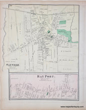 Load image into Gallery viewer, Vintage map of Sayville and Bay Port with labeled streets and boundaries. with original color in pink, yellow, green.