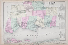 Load image into Gallery viewer, Antique map of Islip Long Island New York with color-coded regions. with original color in pink, yellow, green.