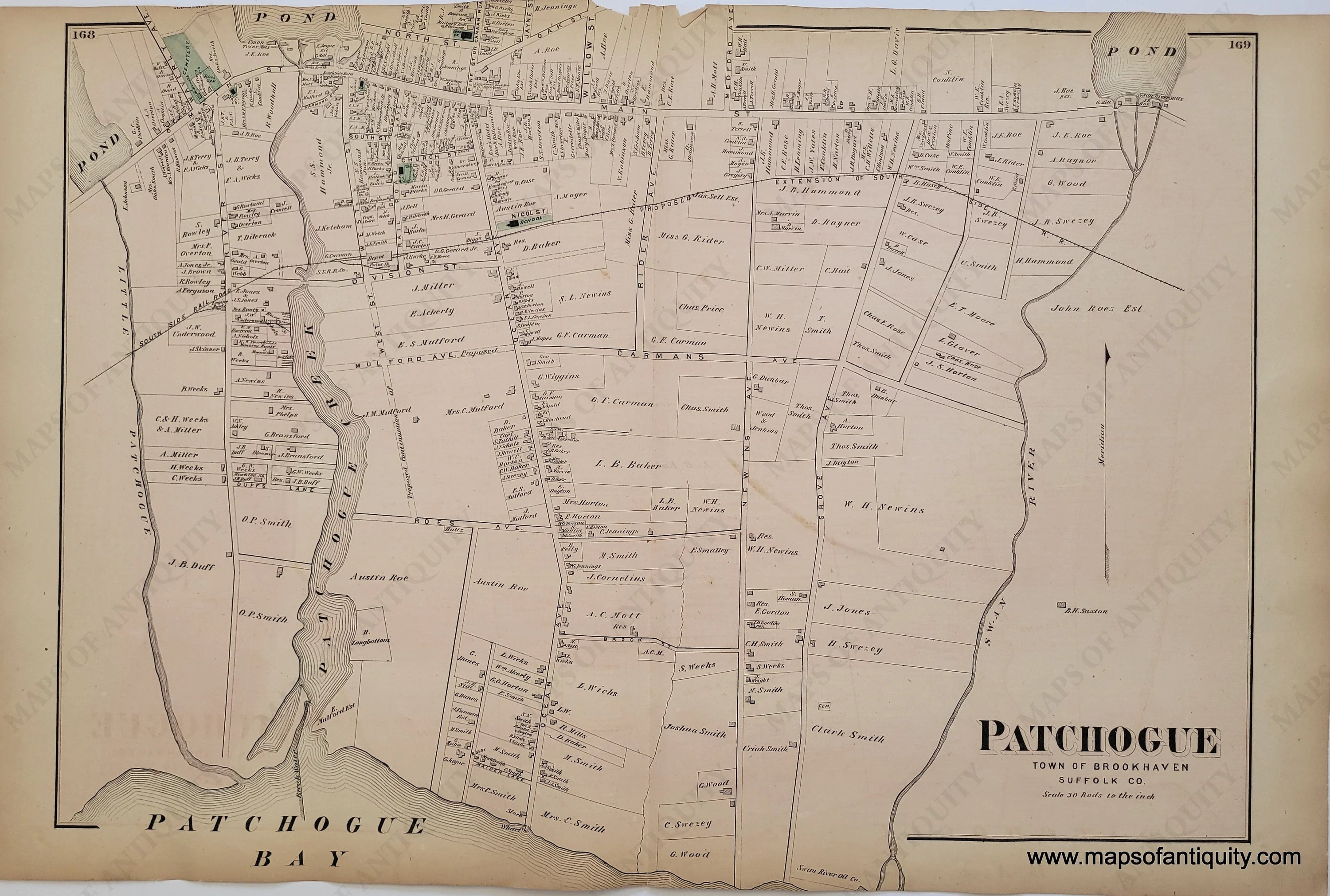 1873 Patchogue NY Antique Map Maps Of Antiquity NYO046 Antique Map Patchogue NY Long Island New York 1873 Beers Maps Of