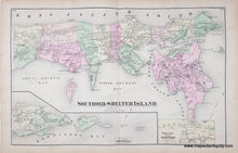 Load image into Gallery viewer, Antique map of Southold and Shelter Island with colorful topography with original color in pink, yellow, green.