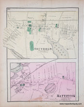 Load image into Gallery viewer, Antique map of Southold and Mattituck with labeled streets and boundaries. with original color in pink, yellow, green. brown stain on bottom
