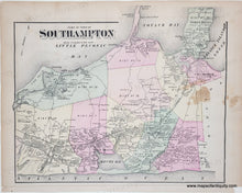 Load image into Gallery viewer, Antique map of Southampton with original coloring in yellow, pink, green, peach. Brown stain on right side.