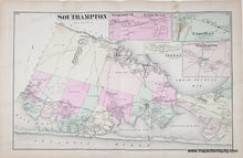 Load image into Gallery viewer, Antique map of Southampton with various labeled sections and original coloring in yellow, pink, green, peach. brown stain on top