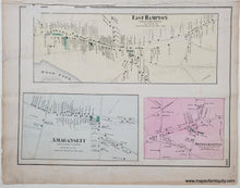 Load image into Gallery viewer, Antique map of East Hampton, Amagansett, and Bridgehampton with labeled streets and boundaries. Original color in pink, yellow, blue, and green. Antique-Hand-Colored-Map-Sag-Harbor-verso-East-Hampton-Amagansett-and-Bridgehampton-Long-Island-NY-United-States-Northeast-1873-Beers-Maps-Of-Antiquity