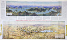 Load image into Gallery viewer, Antique folding map with a bird's-eye view map of Lake George, New York, at the top in colored of blues, greens, and purples, and a slightly larger bird's-eye view map of Lake Champlain and Lake George at the bottom in colors of yellow, green, blue, and red. Coloring is sophisticated chromolithograph color and shows the majestic mountains and hills around the lakes. Maps also include towns, railroads, and more. Text is printed around the outside of the maps with visitor information.