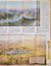 Load image into Gallery viewer, Antique folding map with a bird's-eye view map of Lake George, New York, at the top in colored of blues, greens, and purples, and a slightly larger bird's-eye view map of Lake Champlain and Lake George at the bottom in colors of yellow, green, blue, and red. Coloring is sophisticated chromolithograph color and shows the majestic mountains and hills around the lakes. Maps also include towns, railroads, and more. Text is printed around the outside of the maps with visitor information.