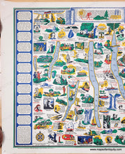Load image into Gallery viewer, Original old map in a vibrant pictorial style with bright colors of blue, yellow, green, red. Genuine-Vintage-Map-A-Romance-Map-of-the-Finger-Lakes-Region-of-Central-New-York-1955-circa--Ayers-Henricks-Plaisted-Maps-Of-Antiquity