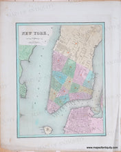 Load image into Gallery viewer, Antique map of New York City with colored wards in tones of blue, green, pink, yellow, orange
