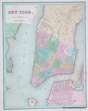 Load image into Gallery viewer, Antique map of New York City with colored wards in tones of blue, green, pink, yellow, orange