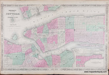 Load image into Gallery viewer, Antique map of the southern part of Manhattan with part of Brooklyn and Jersey City in original color in tones of pink, green, yellow, and orange delineating wards and parks