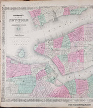 Load image into Gallery viewer, Antique map of the southern part of Manhattan with part of Brooklyn and Jersey City in original color in tones of pink, green, yellow, and orange delineating wards and parks