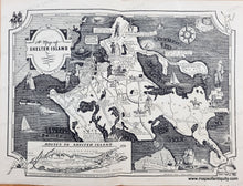 Load image into Gallery viewer, black and white map with illustrations of Shelter Island and a map showing routes to Shelter Island from Long Island. Antique-Map-of-Shelter-Island-Long-Island-New-York-Paul-Laune-Pictorial-1934-1930s-20th-Century-Pictorial-Maps-of-Antiquity