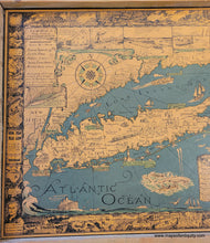 Load image into Gallery viewer, Vintage illustrated map of Long Island in colors of blue, tan, and orange, slightly faded. The map is very flat because it is affixed to a board and framed in a raw wood hand-made frame.
