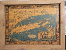 Load image into Gallery viewer, Vintage illustrated map of Long Island in colors of blue, tan, and orange, slightly faded. The map is very flat because it is affixed to a board and framed in a raw wood hand-made frame.