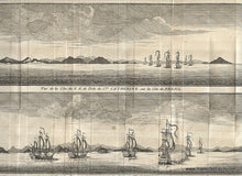 Load image into Gallery viewer, Antique-Black-and-White-Engraved-Illustration-Vue-de-la-Cote-du-N.E.-de-L'Isle-de-Ste.-Catherine-sur-la-Cote-du-Bresil.-Vue-de-l'Entrée-Septentrionale-du-Port-de-Ste.-Catherine.-Historical-Prints-Maritime-Prints-1740-George-Anson-Maps-Of-Antiquity