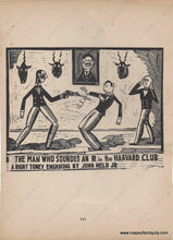 Load image into Gallery viewer, Woodblock style cartoon titled "The Man who Sounded an R in the Harvard Club" A right toney engraving by John Held Jr. The image shows one man shooting another with a gun, while a third looks upset in the background and on the wall a portrait appears to have an angry face and three taxidermized animal heads watch in alarm.