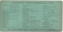 Load image into Gallery viewer, back side of stereoscopic card lists other images for sale by G.H. Nickerson, mostly Cape Cod scenes
