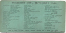 Load image into Gallery viewer, back side of stereoscopic card lists other images for sale by G.H. Nickerson, mostly Cape Cod scenes