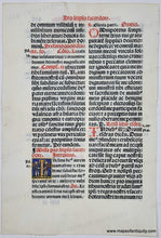 Load image into Gallery viewer, black and red text with illustrated letter in multicolors showing two angels by a column. Genuine-Antique-Vellum-Page-Page-of-Prayers-on-Vellum-1580-Unknown-Maps-Of-Antiquity