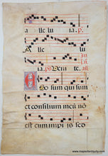 Load image into Gallery viewer, Black music notes and words on red music lines with illustrated letters in red and blue. Genuine-Antique-Vellum-Music-Page-Antique-Sheet-Music-on-Vellum-1500--Unknown-Maps-Of-Antiquity