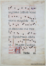 Load image into Gallery viewer, Black music notes and words on red music lines with illustrated letters in red and blue. Genuine-Antique-Vellum-Music-Page-Antique-Sheet-Music-on-Vellum-1500--Unknown-Maps-Of-Antiquity